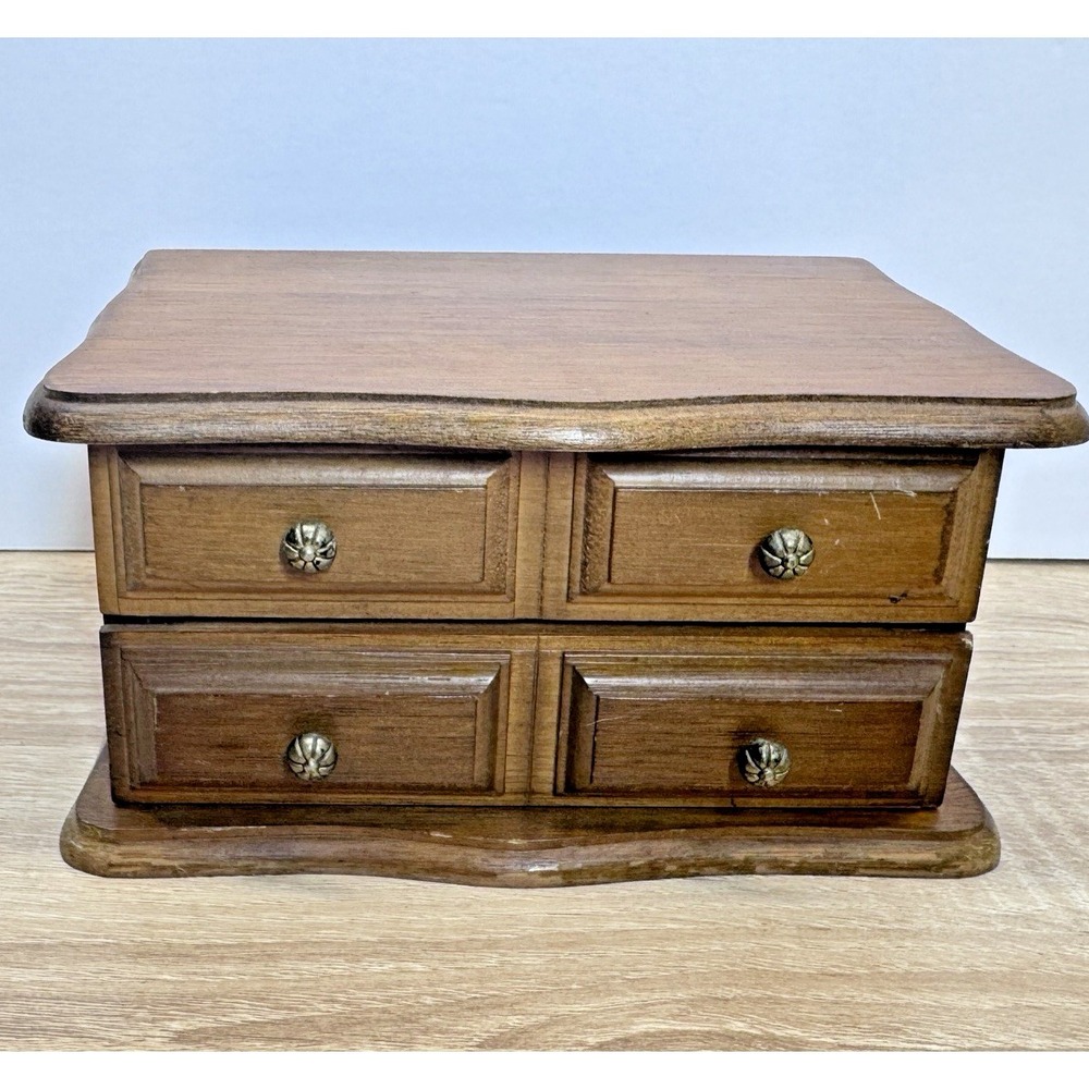 Wooden Jewelry Box Mini Chest 4 Drawer Mirror‎ Top Trinket Storage